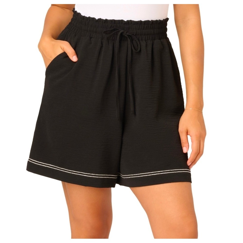 Adrianna Papell Black Airflow PullOn Short Smockd Waist Contrast Stitch Small